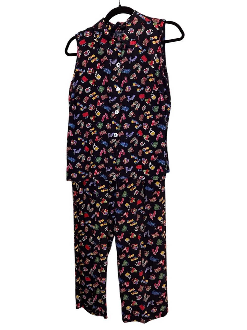 Twyla Blu Women’s 2pc Summer Coord Set Campy Flowy Flip-Flop Handbag Print sz M